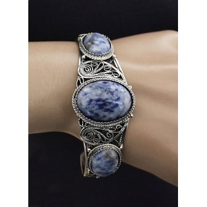 Браслет из лазурита бело-синего, филигрань, ручная работа, камень овал 25х18мм, овал 18х13мм