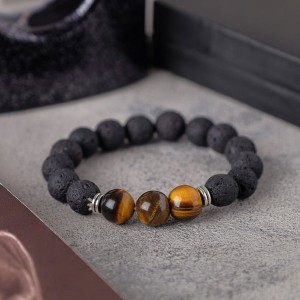 Браслет лава тигровый глаз, цвет чёрный, шар №10 (бижутерный сплав)