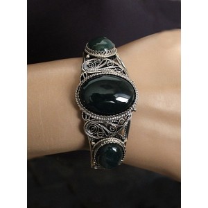 Браслет из яшмы зеленой, филигрань, ручная работа, камень овал 25х18мм, овал 18х13мм