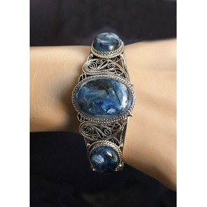 Браслет из кианита (кабошон-мозаика), филигрань, ручная работа, камень овал 25х18мм, овал 18х13мм