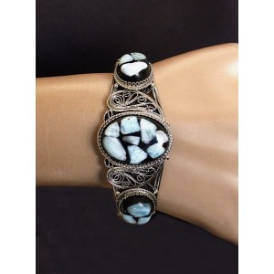 Браслет из ларимара (кабошон-мозаика), филигрань, ручная работа, камень овал 25х18мм, овал 18х13мм