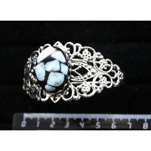 Браслет из ларимара (кабошон-мозаика), овал 25х18мм, жесткая основа, цвет ант.серебро