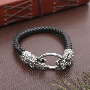 Браслет мужской 23см "Равновесие" дракон, цвет чёрный, цвет серебристый (кожа)