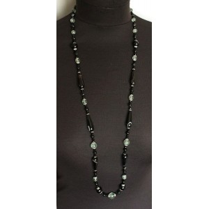 Бусы длинные из агата черного и флюорита, капля 30х10мм шарики 12мм, 8мм, 6мм + хрусталь