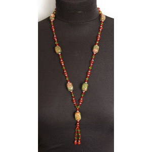 Колье-галстук из унакита и сердолика, прямоугольник заоваленный и шарик 8мм + хрусталь