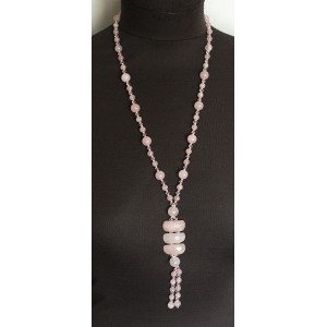 Колье-галстук из кварца розового, шарики 12мм, 10мм, 8мм и 6мм + хрусталь + овальные сегменты