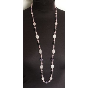 Бусы длинные из розового кварца и аметиста, овалы 18х13мм, шарики 12мм, 10мм, 8мм и 6мм + хрусталь