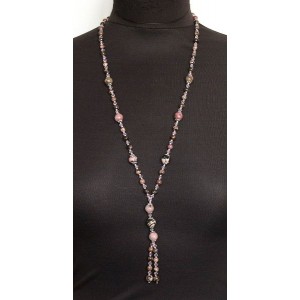 Колье-галстук из родонита, шарики 10мм, 8мм и 6мм + хрусталь