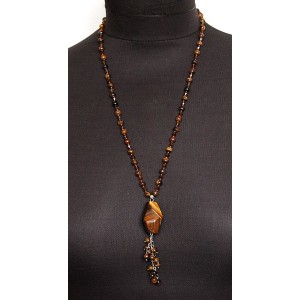 Колье-галстук из тигрового глаза, галтовка с гранями 30х20мм и шарик 6мм + хрусталь