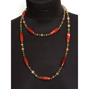 Бусы из сердолика и унакита, бочонок 30х10мм и шарик 8мм, 6мм + хрусталь, 107см