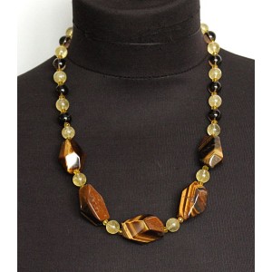 Бусы из тигрового глаза и цитрина, галтовка с гранями 30х20мм и шарик 10мм + хрусталь