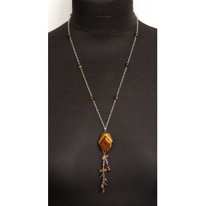 Колье-галстук из тигрового глаза, галтовка с гранями 30х20мм и шарик 6мм на цепочке