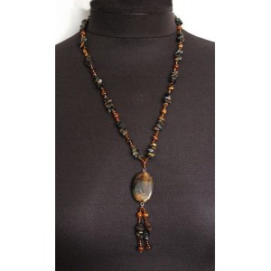 Колье-галстук из тигрового глаза и тигрово-соколиного, овал 35х25мм, шарик 6мм и галтовка + хрусталь