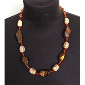 Бусы из тигрового глаза и яшмы песочной, яшмы бежевой и сердолика, галтовка с гранями 30х20мм, прямоуг. заоваленный, шарики + хрусталь