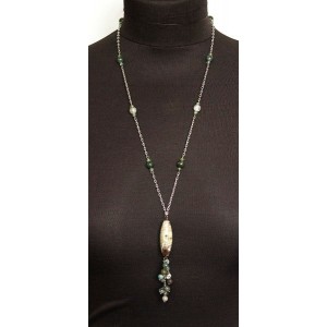 Колье-галстук из яшмы "gray" и зеленой яшмы, рис 40х14 и шарик 8мм и 6мм на цепочке + хрусталь