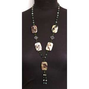 Колье-галстук из яшмы пестрой и яшмы зеленой, прямоугольники, шарик 8мм, 6мм + хрусталь