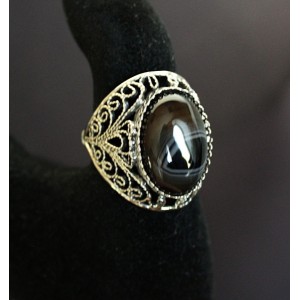 Кольцо из агата черного, филигрань, ручная работа, камень овал 18х13мм