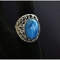 Кольцо из агата синего (тонировка), филигрань, ручная работа, камень овал 18х13мм