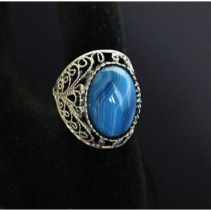 Кольцо из агата синего (тонировка), филигрань, ручная работа, камень овал 18х13мм