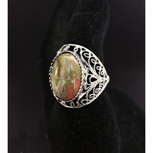 Кольцо из унакита, филигрань, ручная работа, камень овал 18х13мм