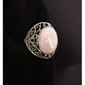 Кольцо из розового кварца, филигрань, ручная работа, камень овал 18х13мм