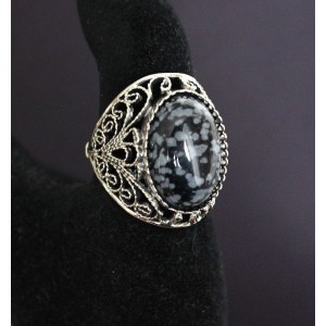 Кольцо из обсидиана снежного, филигрань, ручная работа, камень овал 18х13мм