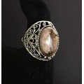 Кольцо из родонита, филигрань, ручная работа, камень овал 18х13мм