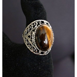 Кольцо из тигрового глаза, филигрань, ручная работа, камень овал 18х13мм