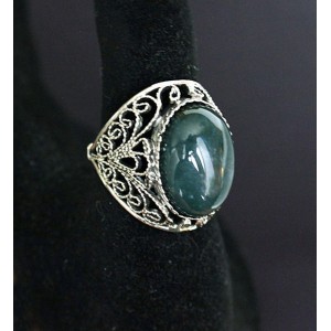 Кольцо из яшмы зеленой, филигрань, ручная работа, камень овал 18х13мм