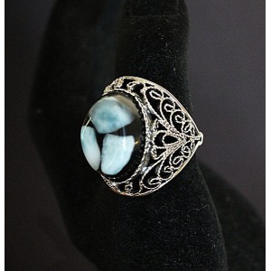Кольцо из ларимара (кабошон-мозаика), филигрань, ручная работа, камень овал 18х13мм