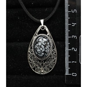 Кулон из обсидиана снежного, филигрань, ручная работа, камень овал 18х13мм