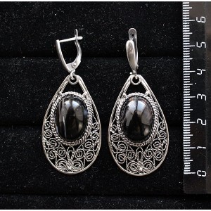 Серьги из агата черного, филигрань, ручная работа, камень овал 18х13мм, швензы посеребрение