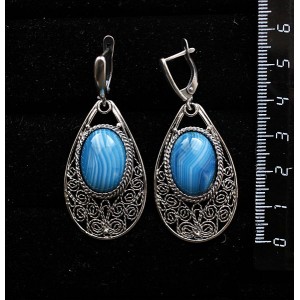Серьги из агата синего (тонировка), филигрань, ручная работа, камень овал 18х13мм, швензы посеребрение