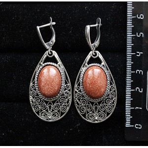 Серьги из авантюрина коричневого (имитация), филигрань, ручная работа, камень овал 18х13мм, швензы посеребрение