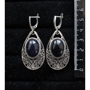 Серьги из авантюрина синего (имитация), филигрань, ручная работа, камень овал 18х13мм, швензы посеребрение