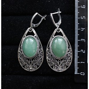 Серьги из авантюрина зеленого, филигрань, ручная работа, камень овал 18х13мм, швензы посеребрение