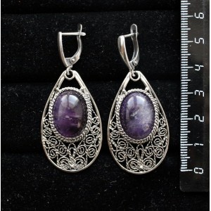Серьги из аметиста, филигрань, ручная работа, камень овал 18х13мм, швензы посеребрение