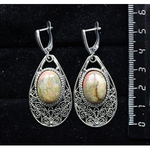 Серьги из унакита, филигрань, ручная работа, камень овал 18х13мм, швензы посеребрение