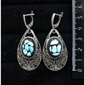 Серьги из бирюзы нат. (кабошон-мозаика), филигрань, ручная работа, камень овал 18х13мм, швензы посеребрение