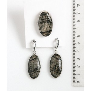 Кольцо и серьги из скарна, овал 30х15 мм, швензы посеребрение р-р 16-18