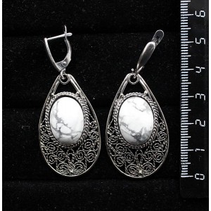 Серьги из каулита (имитация кахолонга), филигрань, ручная работа, камень овал 18х13мм, швензы посеребрение