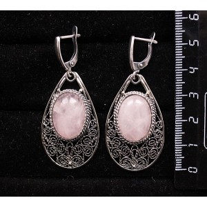 Серьги из розового кварца, филигрань, ручная работа, камень овал 18х13мм, швензы посеребрение