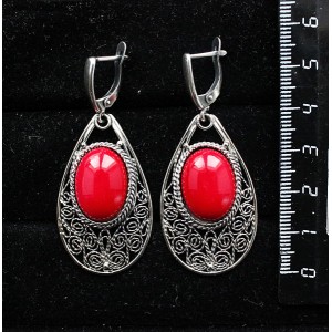 Серьги из коралла красного (иск.), филигрань, ручная работа, камень овал 18х13мм, швензы посеребрение