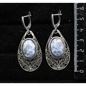 Серьги из лазурита бело-синего, филигрань, ручная работа, камень овал 18х13мм, швензы посеребрение