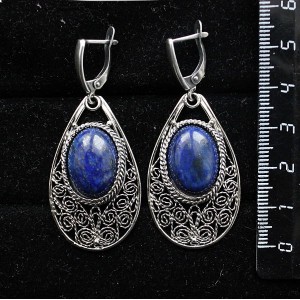 Серьги из лазурита ярко-синего, филигрань, ручная работа, камень овал 18х13мм, швензы посеребрение