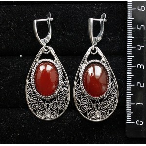 Серьги из сердолика, филигрань, ручная работа, камень овал 18х13мм, швензы посеребрение