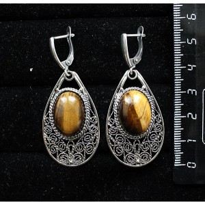 Серьги из тигрового глаза, филигрань, ручная работа, камень овал 18х13мм, швензы посеребрение