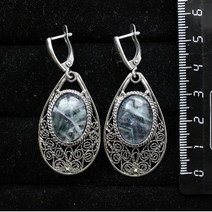 Серьги из флюорита, филигрань, ручная работа, камень овал 18х13мм, швензы посеребрение