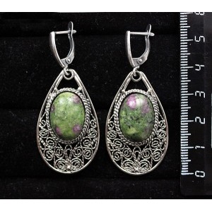 Серьги из цоизита, филигрань, ручная работа, камень овал 18х13мм, швензы посеребрение