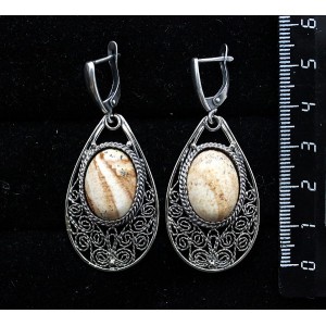 Серьги из яшмы песочной, филигрань, ручная работа, камень овал 18х13мм, швензы посеребрение
